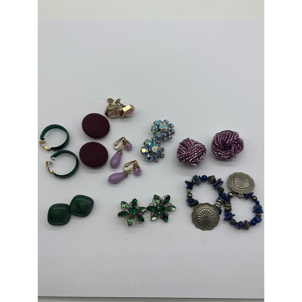 Vintage Earrings Lot 10 Pairs Clip On Screw Back Rhinestone Green Purple Blue